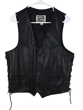 VTG Fox Creek Men's Leather Vest Black Size 42 Genuine Leather Button-Up Lacing